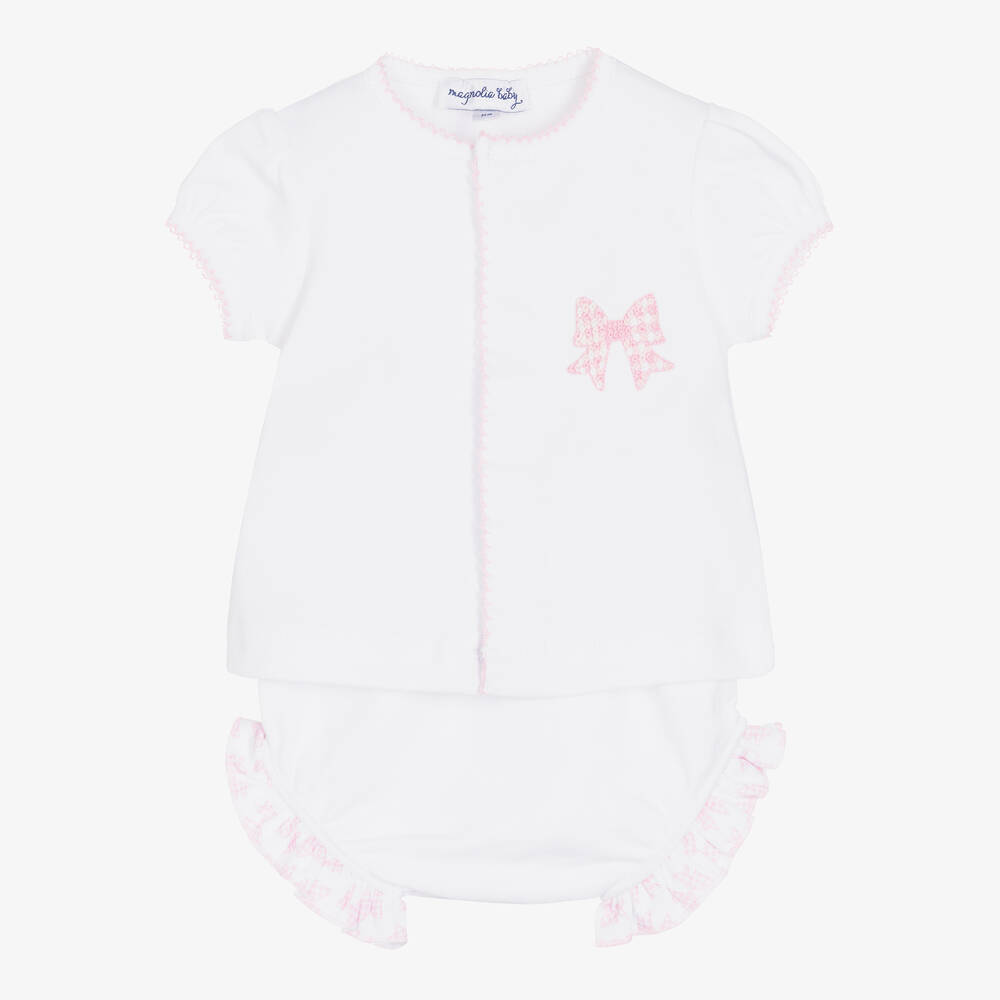 Magnolia Baby - Baby Girls White & Pink Cotton Shorts Set | Childrensalon