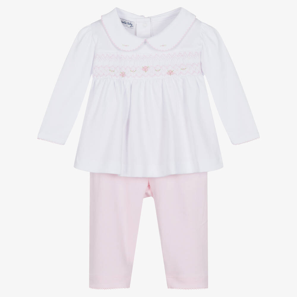 Magnolia Baby - Baby Girls White & Pink Cotton Trouser Set | Childrensalon