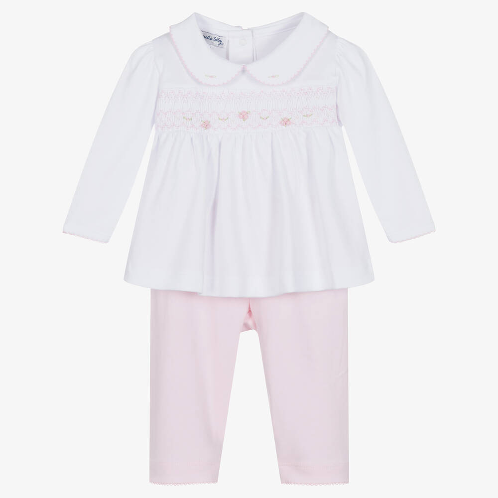 Magnolia Baby-طقم بنطلون قطن بيما لون زهري وأبيض للمولودات | Childrensalon Outlet