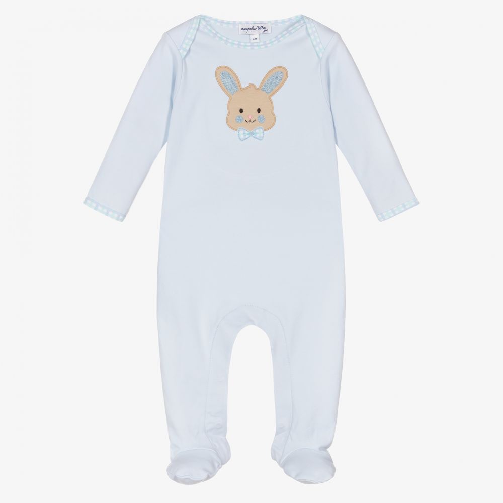 Magnolia Baby - Blue Cotton Bunny Babygrow | Childrensalon