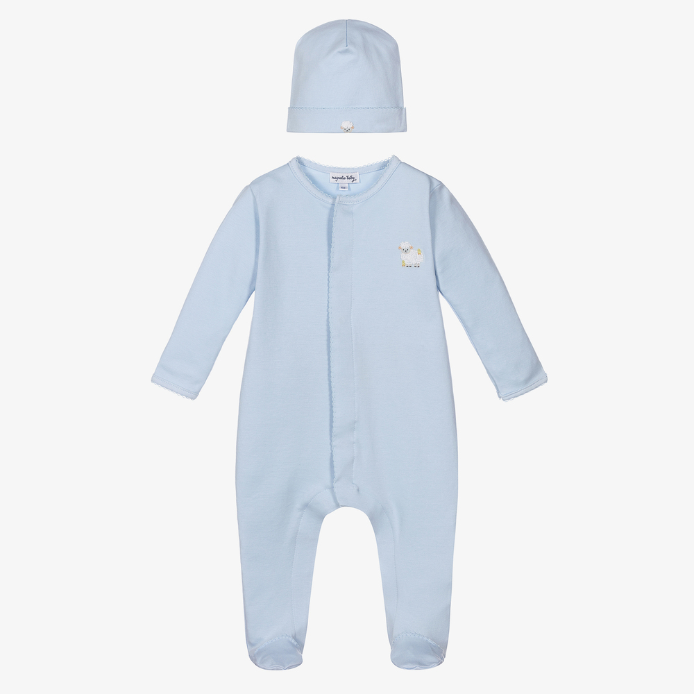 Magnolia Baby - طقم بيبي غرو وقبعة قطن بيما جيرسي لون أزرق للمواليد | Childrensalon