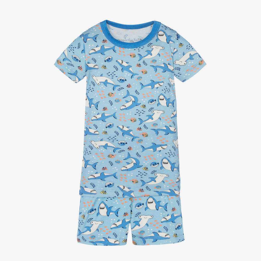 Magnolia Baby - Boys Blue Cotton Shark Zone Pyjamas | Childrensalon