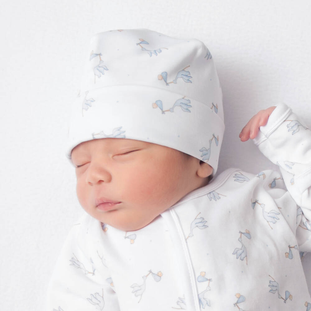 ماغنوليا بيبي-قبعة قطن بيما لون أبيض وأزرق للمواليد | Childrensalon Outlet