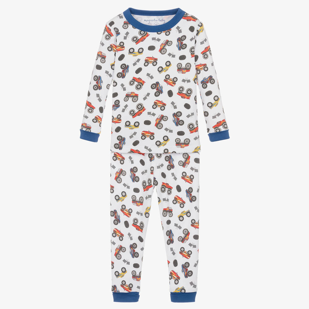 Magnolia Baby - Boys White Cotton Smash & Crash Pyjamas | Childrensalon