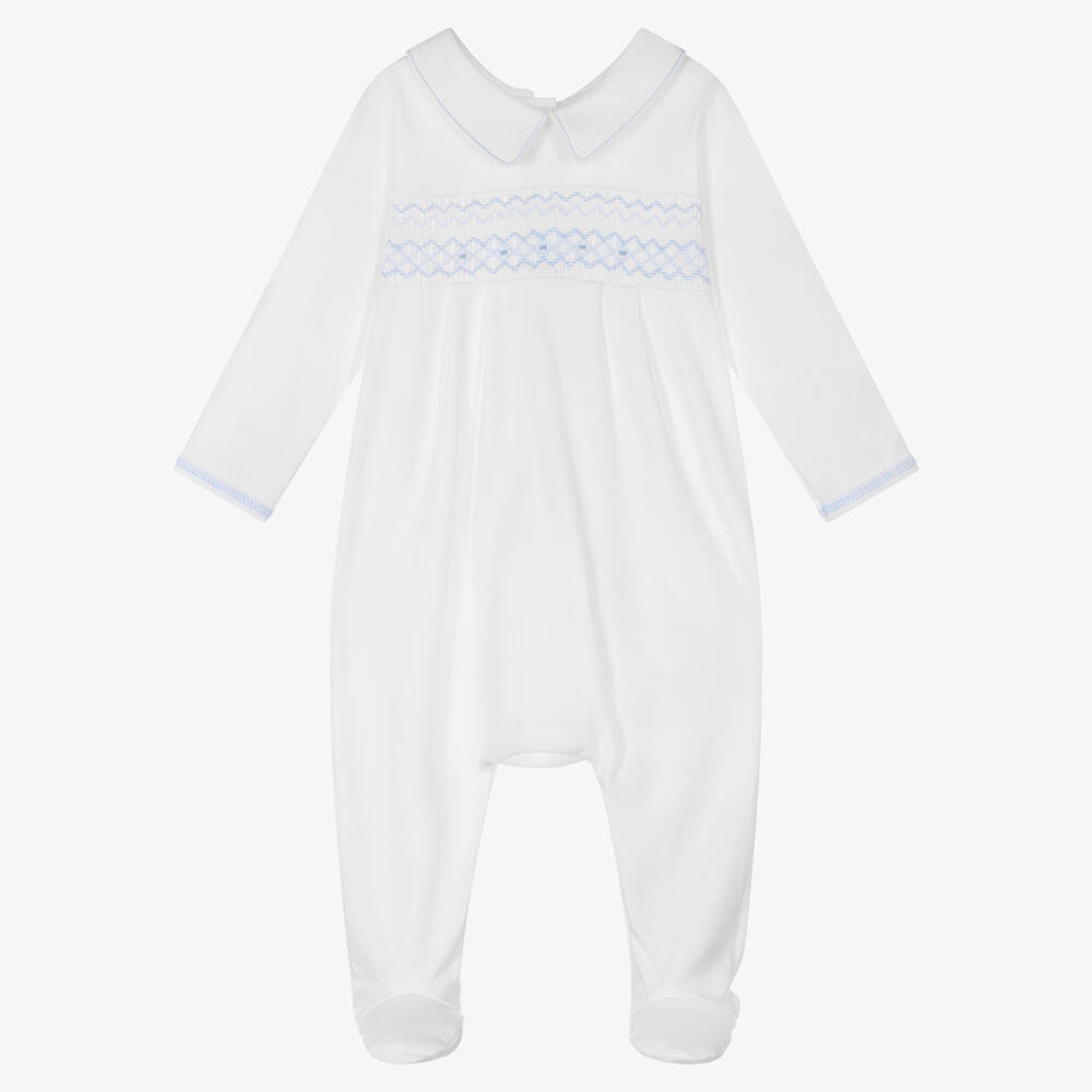 Magnolia Baby - Boys White Cotton Smocked Babygrow | Childrensalon