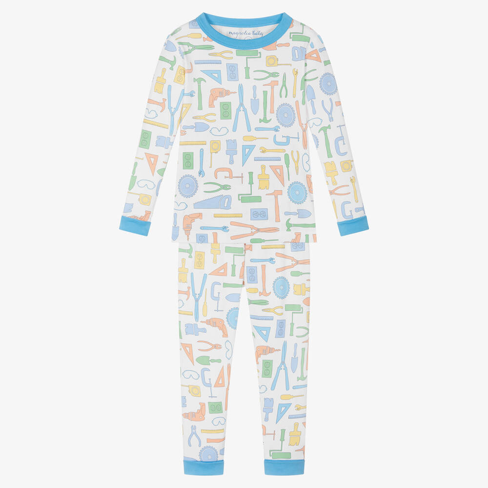 Magnolia Baby - Boys White Pima Cotton All My Tools Pyjamas | Childrensalon