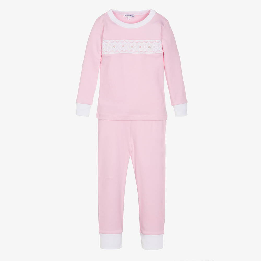 Magnolia Baby - Girls Pink Smocked Pima Cotton Pyjamas | Childrensalon