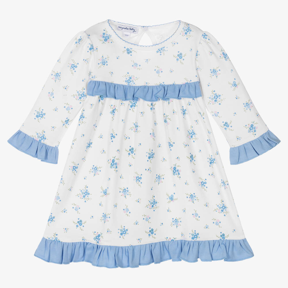 Magnolia Baby-فستان قطن بيما لون أبيض وأزرق بطبعة ورود | Childrensalon Outlet