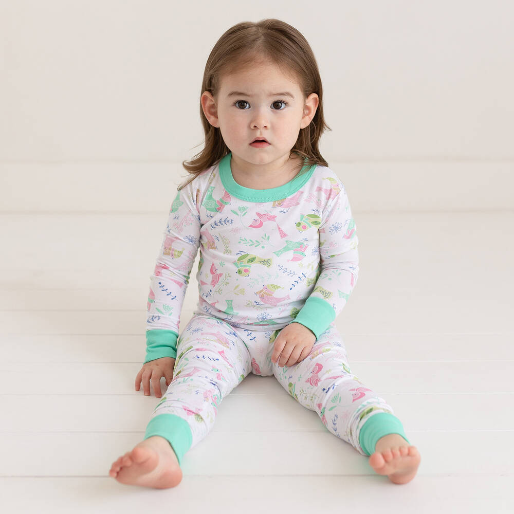 Magnolia Baby Girls White Jersey Bundled Birds Pyjamas