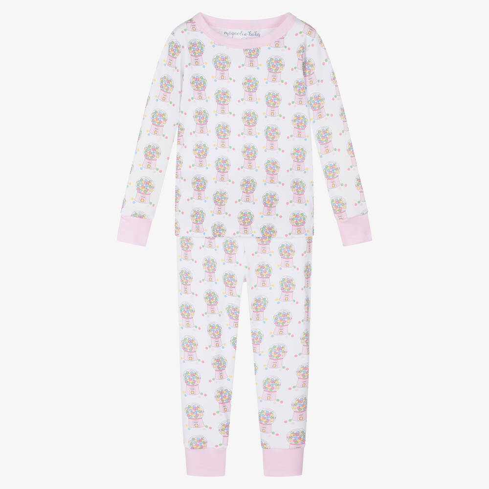 Magnolia Baby - Girls White & Pink Cotton Gumball Pyjamas | Childrensalon