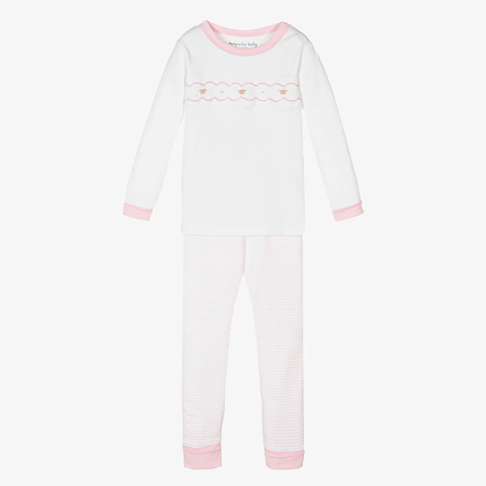 Magnolia Baby - Girls White & Pink Smocked Cotton Pyjamas | Childrensalon