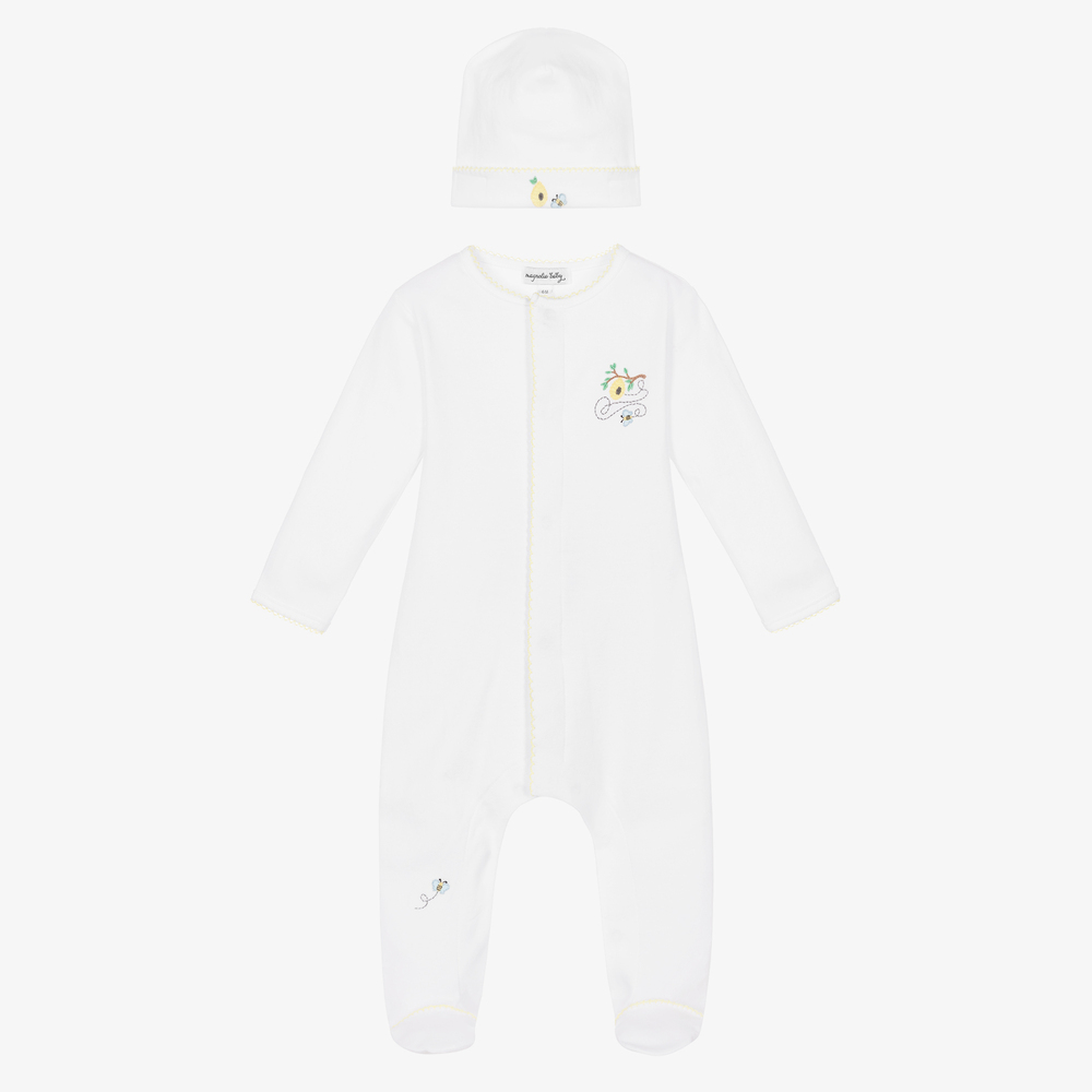 Magnolia Baby - White Bee Babygrow & Hat Set | Childrensalon