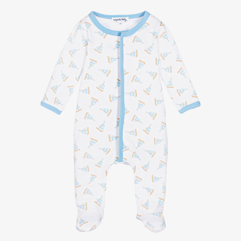 Magnolia Baby-White & Blue Cotton Tiny Sailboat Babygrow | Childrensalon Outlet