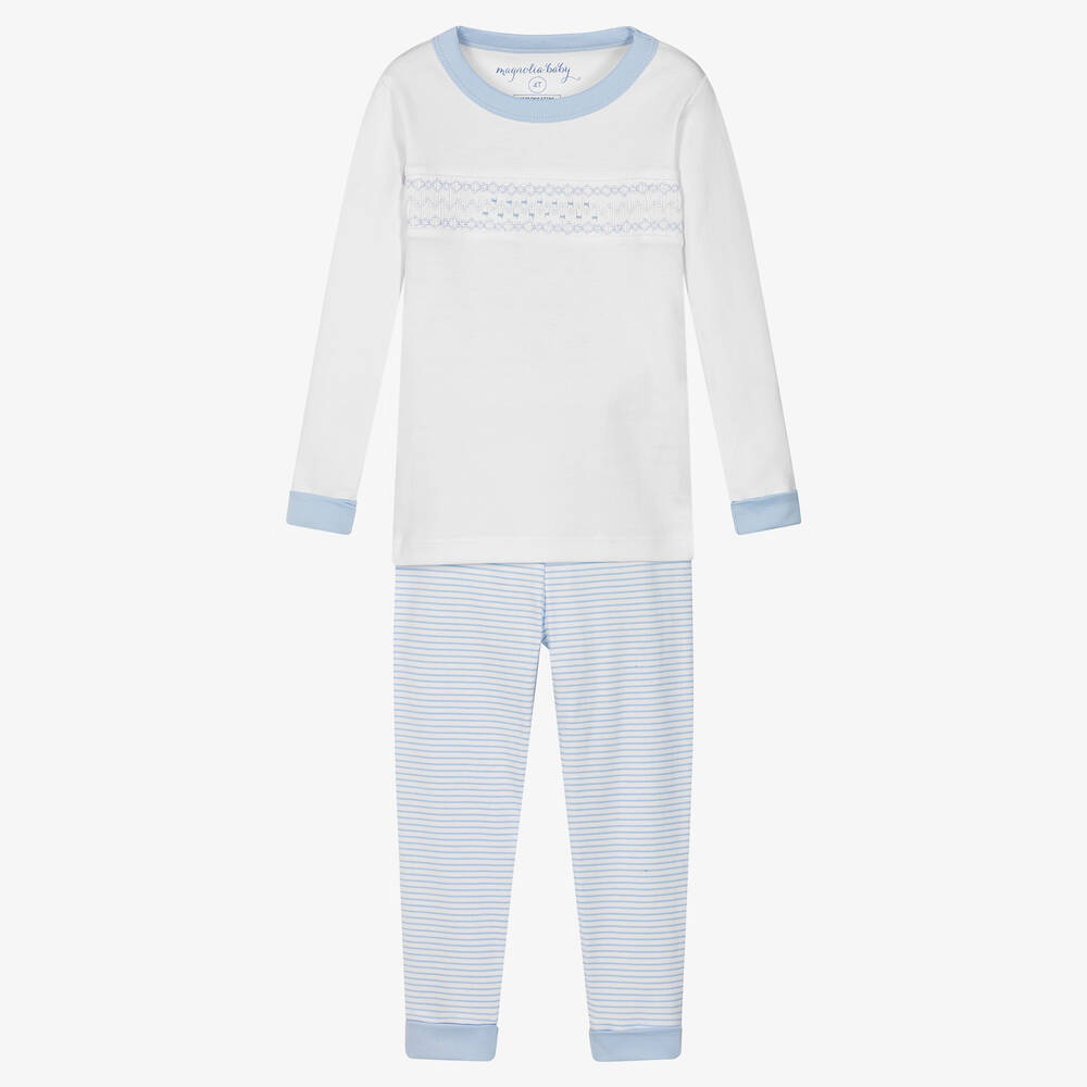 Magnolia Baby - White & Blue Smocked Cotton Pyjamas | Childrensalon
