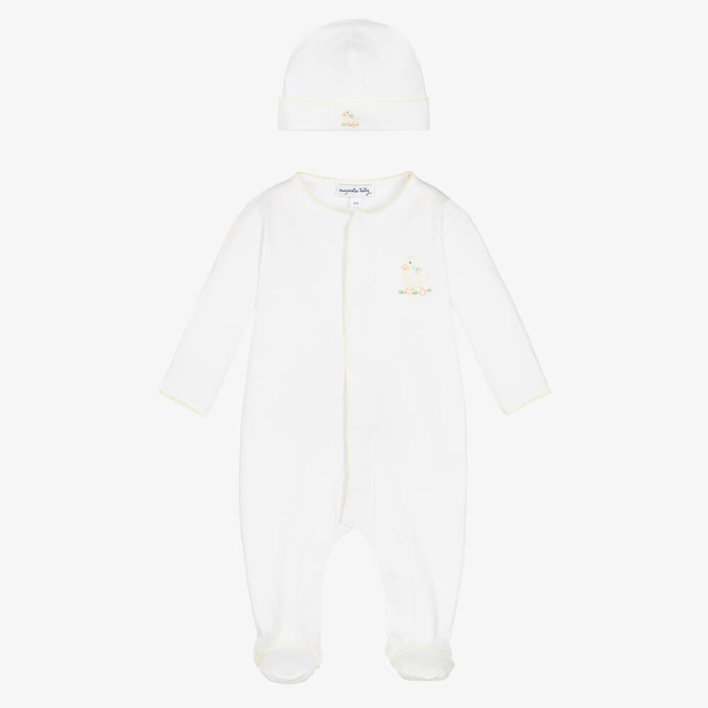 Magnolia Baby - White Little Quacker Pima Cotton Babygrow Set | Childrensalon