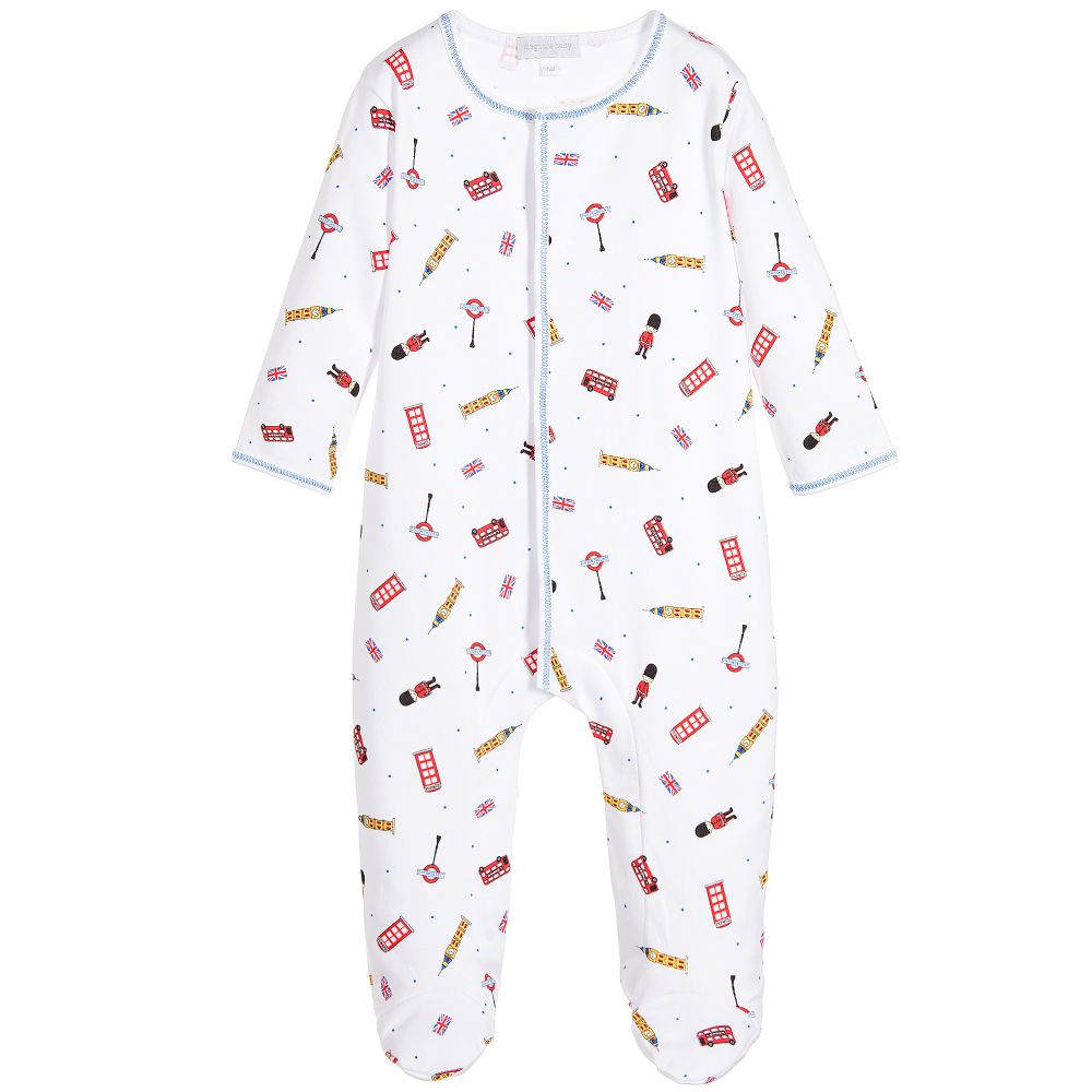 Magnolia Baby-White Pima Cotton 'London Calling' Babygrow | Childrensalon Outlet