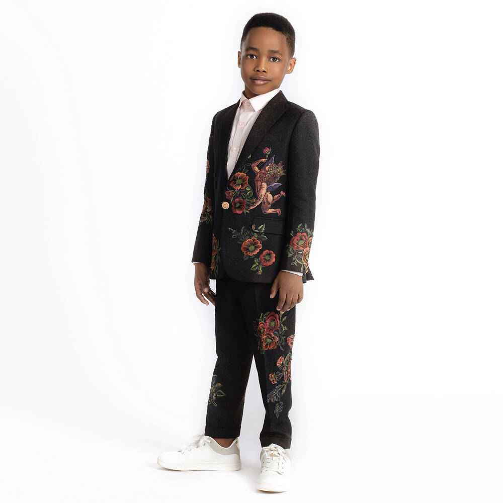 Maison Ava-Черный жаккардовый костюм с вышивкой | Childrensalon Outlet