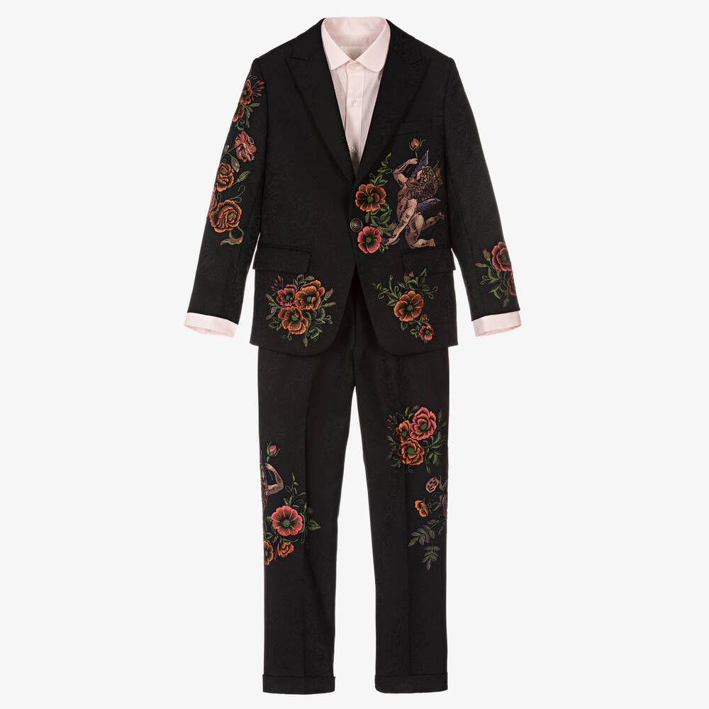 Maison Ava-Boys Black Embroidered Jacquard Suit  | Childrensalon Outlet