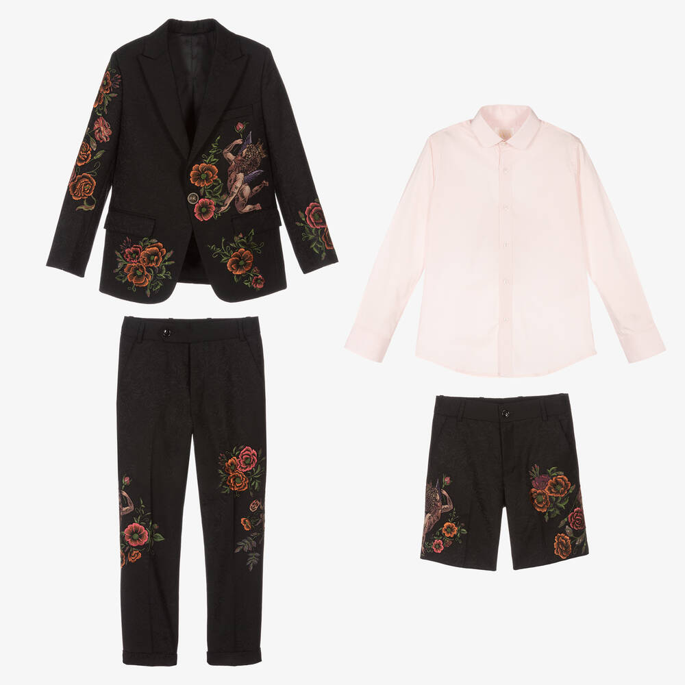 Maison Ava-Черный жаккардовый костюм с вышивкой | Childrensalon Outlet