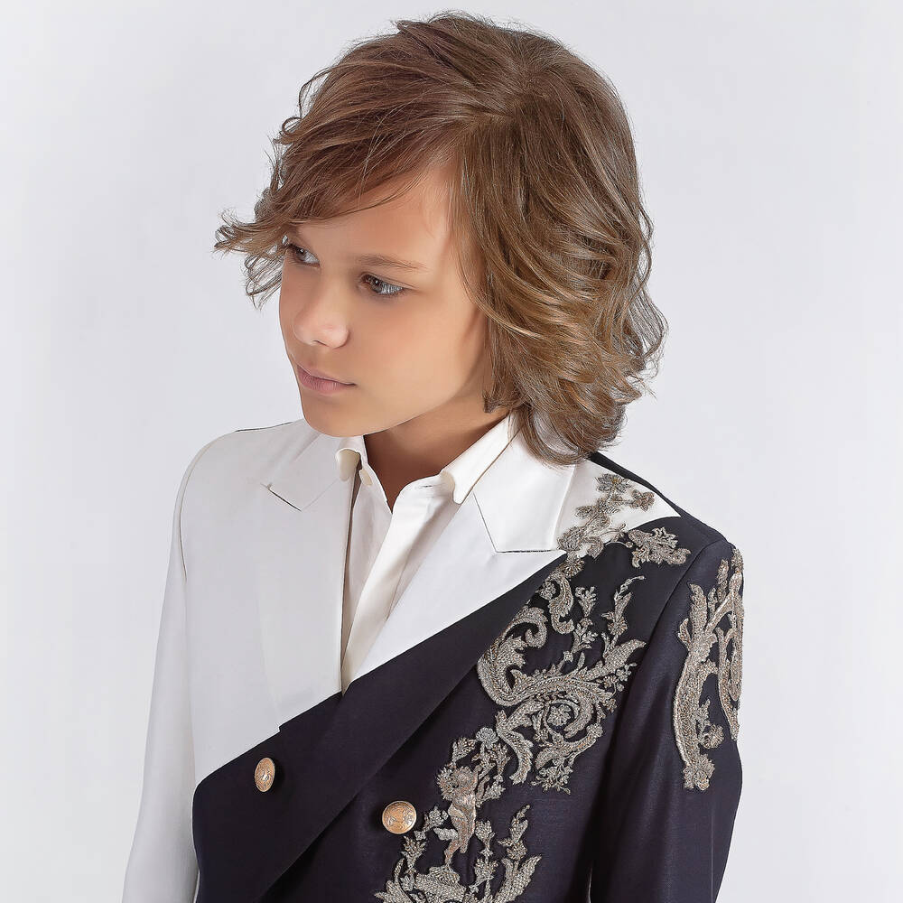 Maison Ava-Кремово-синий костюм с вышивкой | Childrensalon Outlet