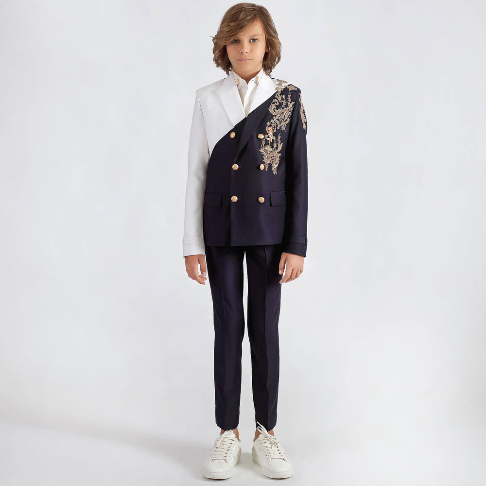 Maison Ava-Кремово-синий костюм с вышивкой | Childrensalon Outlet