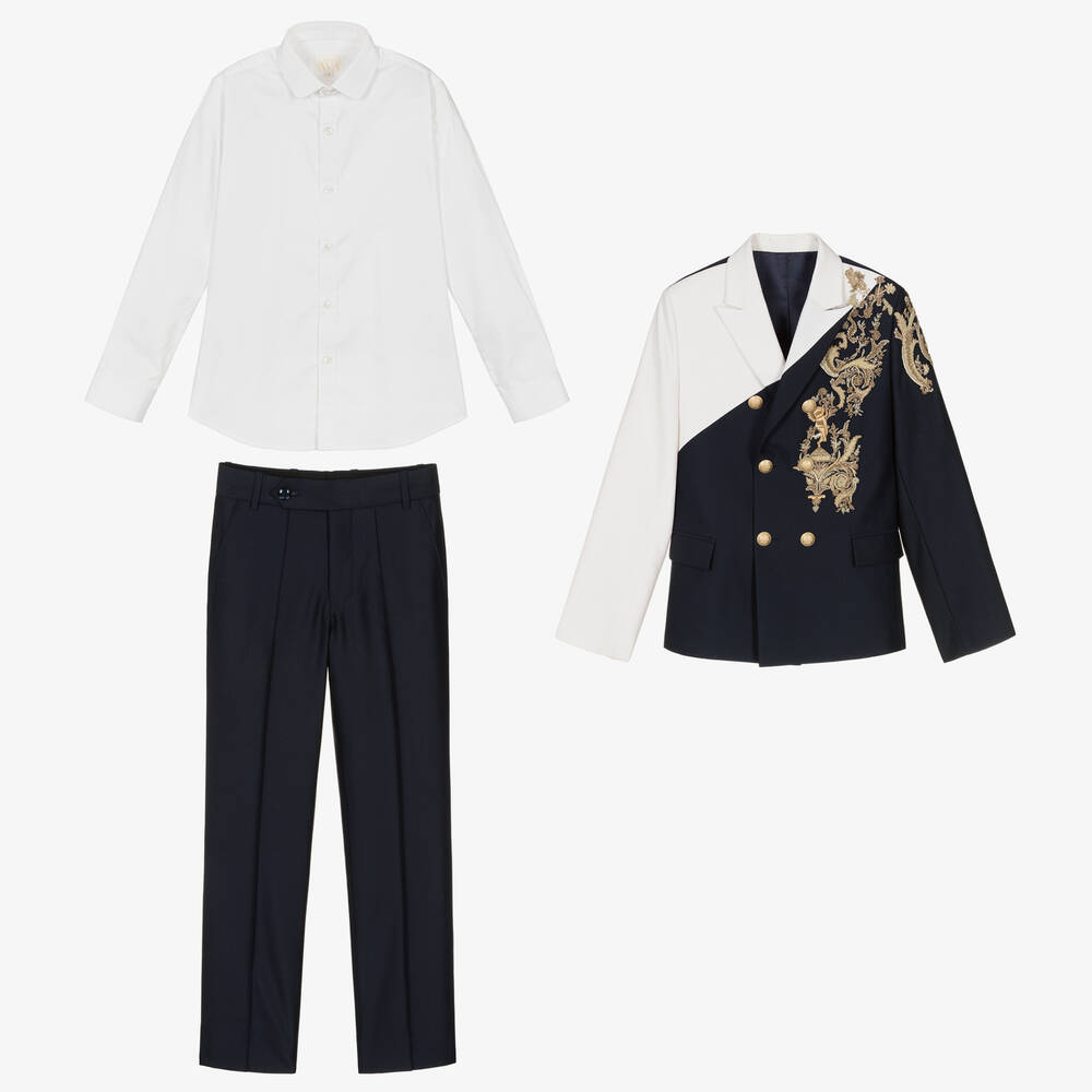 Maison Ava-Кремово-синий костюм с вышивкой | Childrensalon Outlet