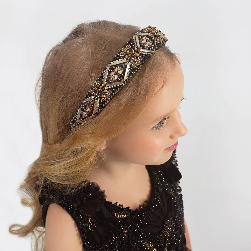 ميزون آفا-طوق للشعر مطرز لون أسود وذهبي للبنات | Childrensalon Outlet