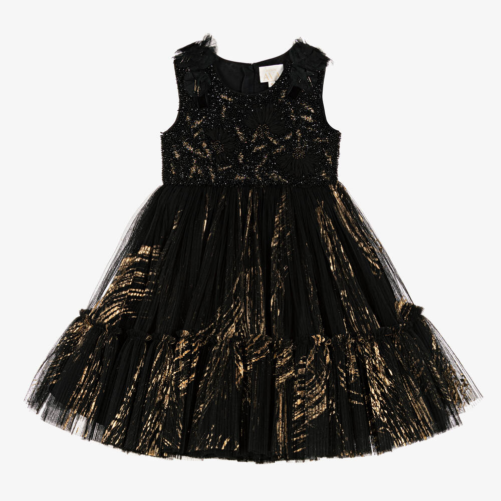 Maison Ava - Girls Black & Gold Pleated Tulle Dress | Childrensalon