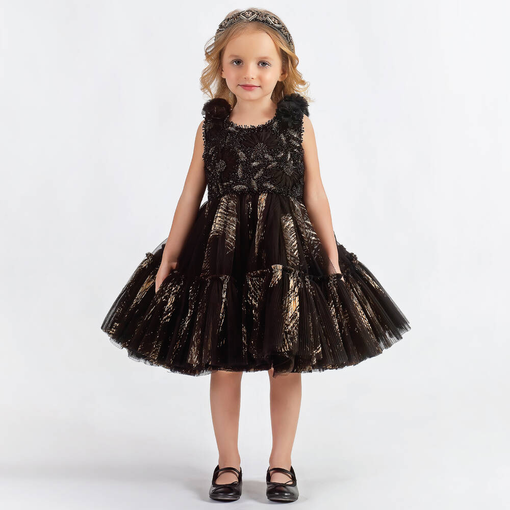 Maison Ava-Girls Black & Gold Pleated Tulle Dress | Childrensalon Outlet