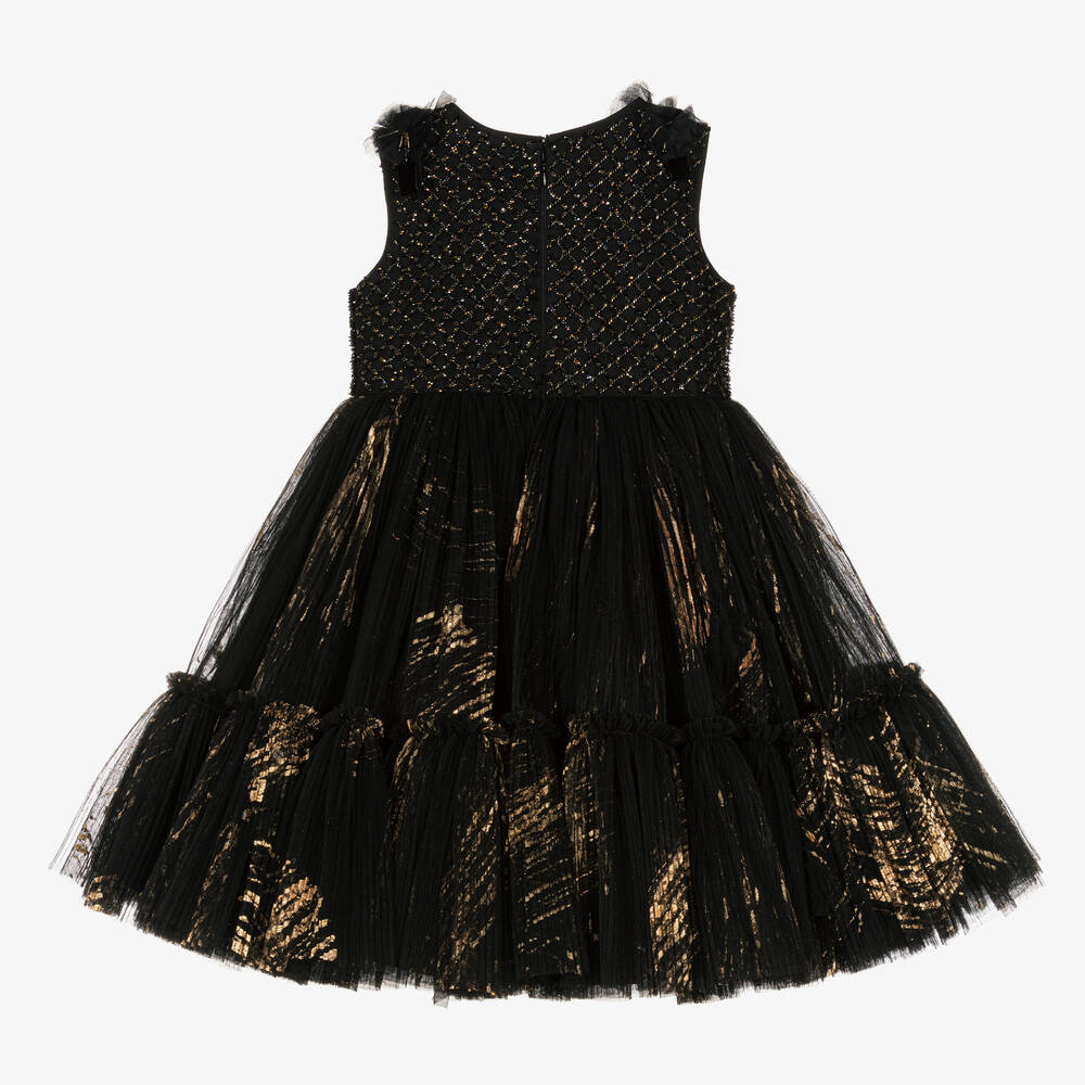 Maison Ava-Girls Black & Gold Pleated Tulle Dress | Childrensalon Outlet