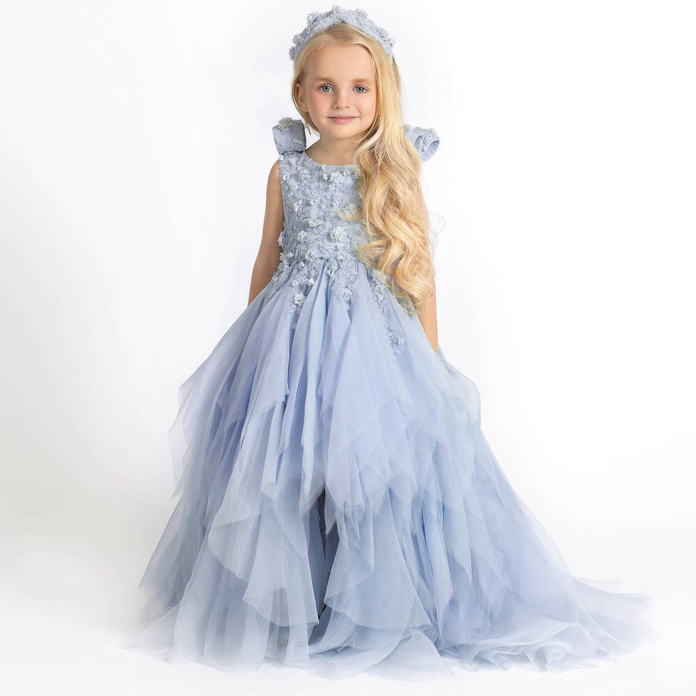 Maison Ava-Girls Blue Embroidered Tulle & Satin Organza Dress | Childrensalon Outlet