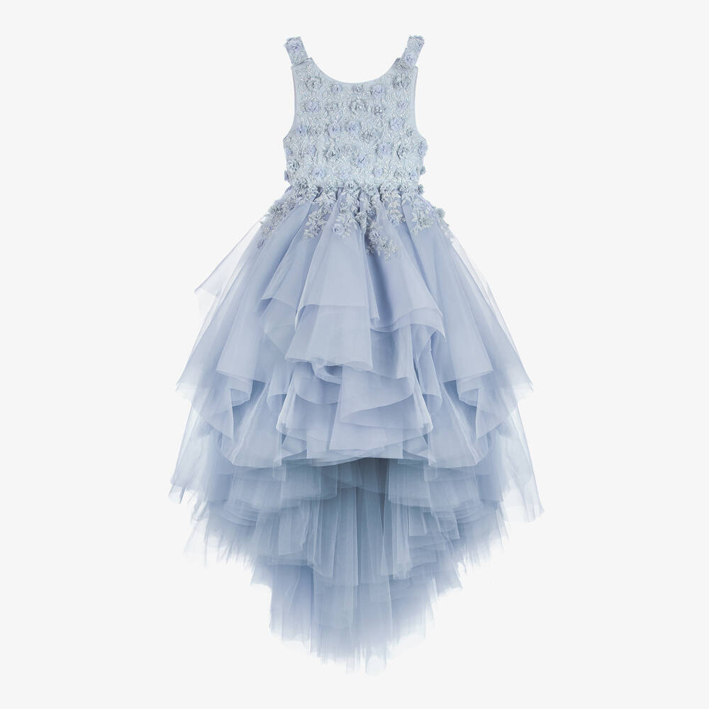 Maison Ava - Girls Blue Embroidered Tulle & Satin Organza Dress | Childrensalon