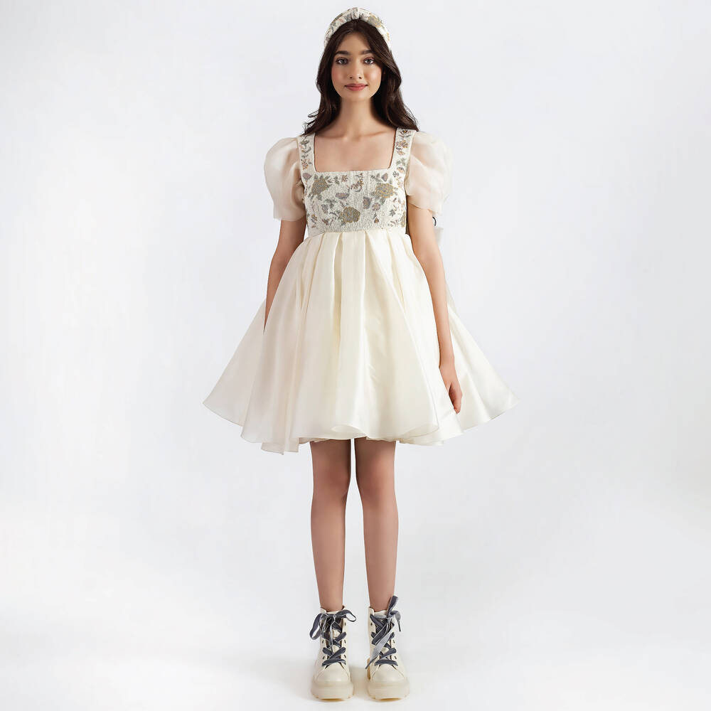 Maison Ava-Girls Ivory Embroidered Satin Organza Dress | Childrensalon Outlet