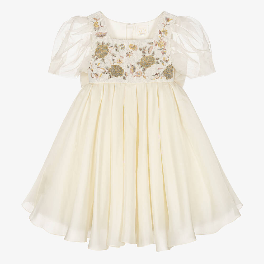 Maison Ava - Кремовое платье из атласа и органзы с вышивкой | Childrensalon