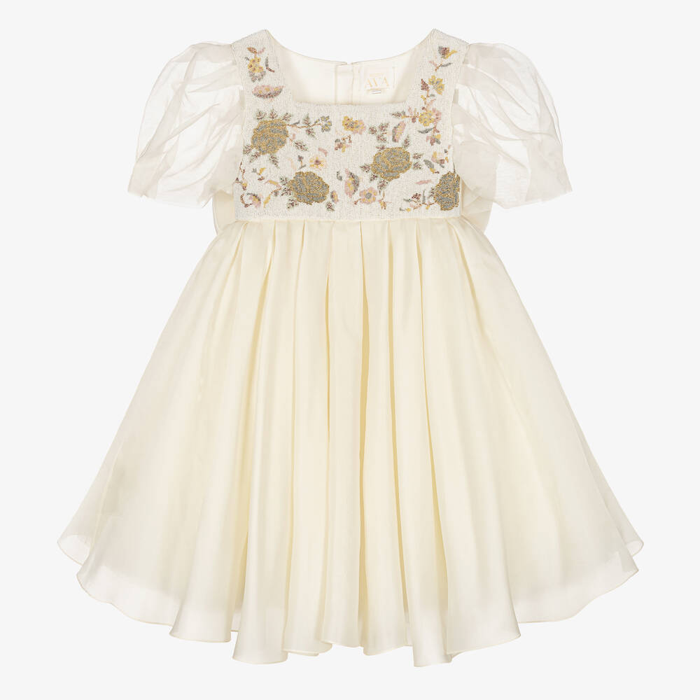 Maison Ava - Girls Ivory Embroidered Satin Organza Dress | Childrensalon