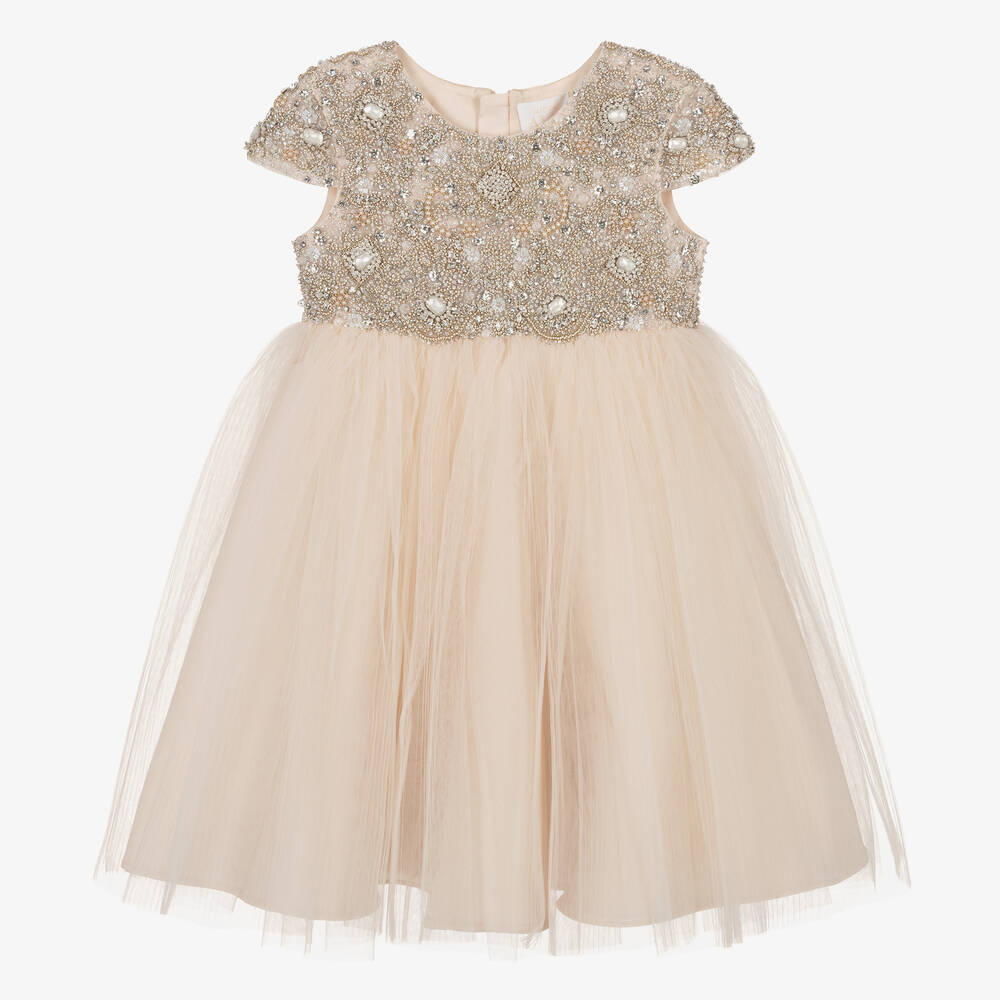 Maison Ava - Розовое плиссированное платье из тюля с кристаллами | Childrensalon
