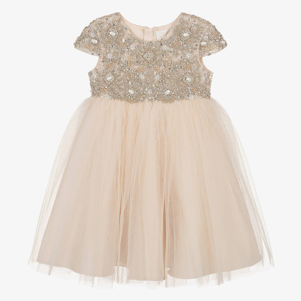 Maison Ava - Girls Pink Pleated Tulle Crystal Dress | Childrensalon