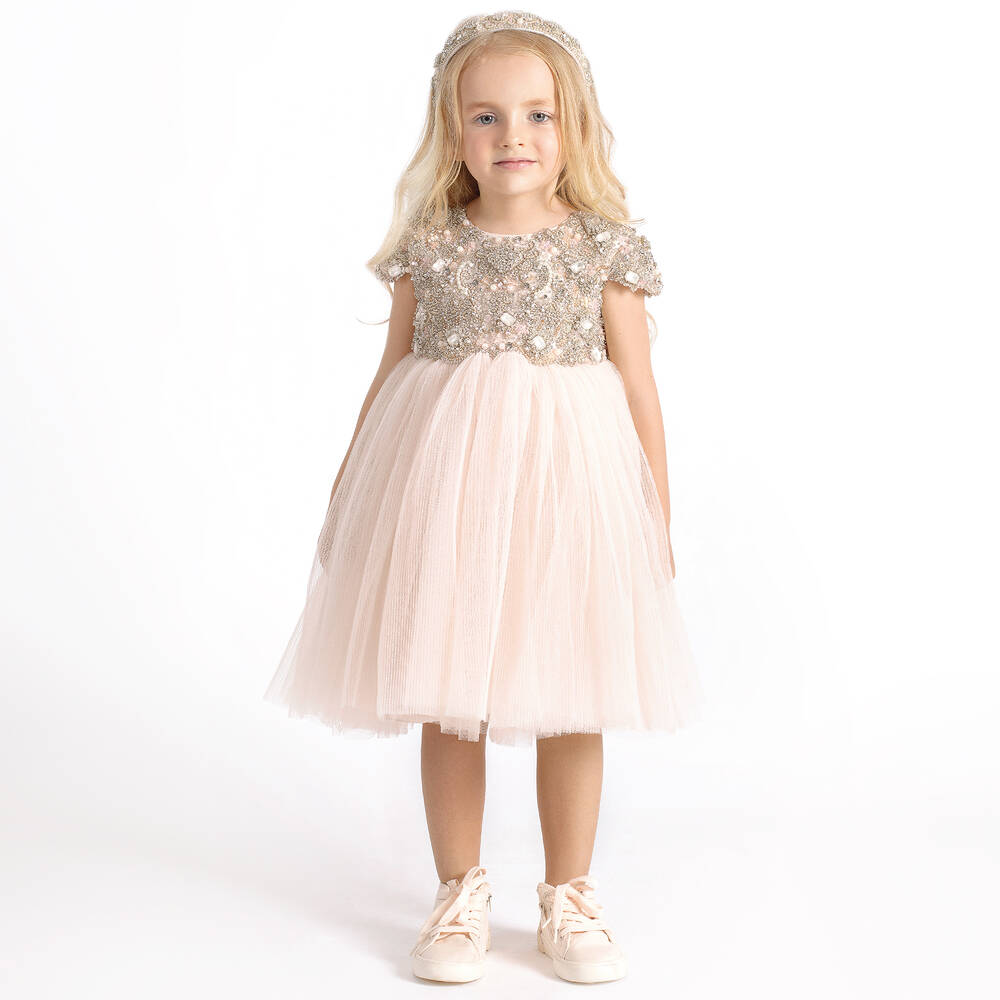 Maison Ava-Girls Pink Pleated Tulle Crystal Dress | Childrensalon Outlet