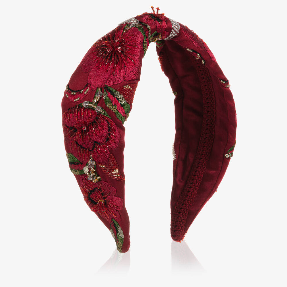 Maison Ava - Girls Red Embroidered Floral Hairband  | Childrensalon