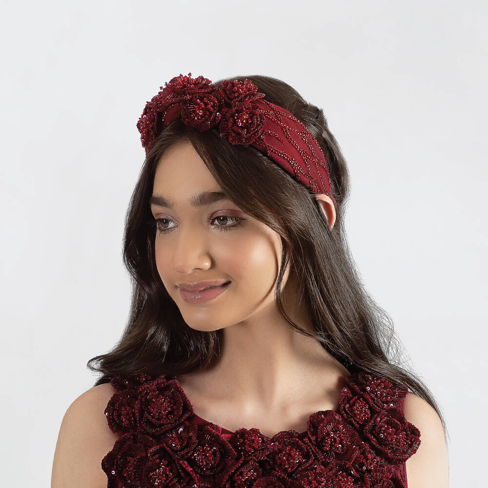 Maison Ava-Girls Red Embroidered Tulle Hairband  | Childrensalon Outlet