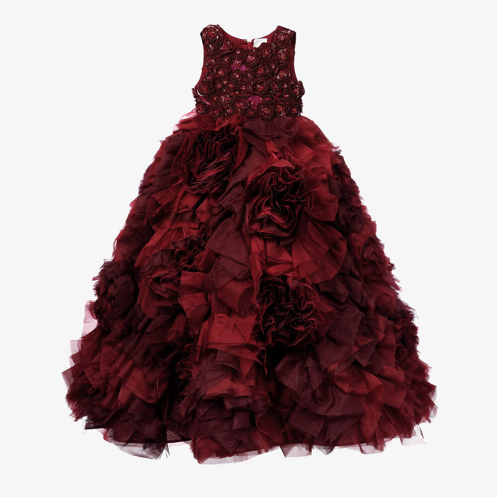 Maison Ava - Girls Red Embroidered Tulle & Organza Dress | Childrensalon