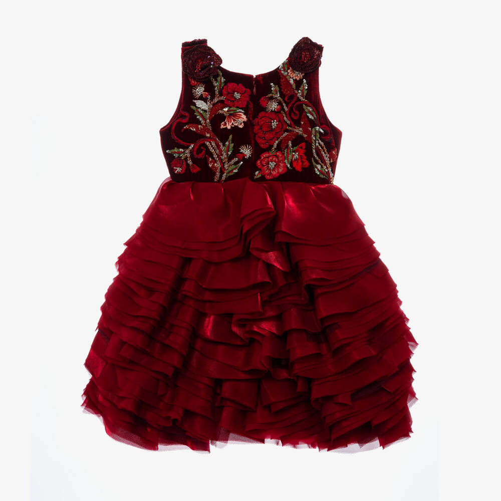 Maison Ava-Красное платье из бархата и органзы с вышивкой | Childrensalon Outlet