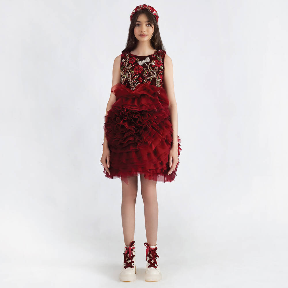 Maison Ava-Красное платье из бархата и органзы с вышивкой | Childrensalon Outlet