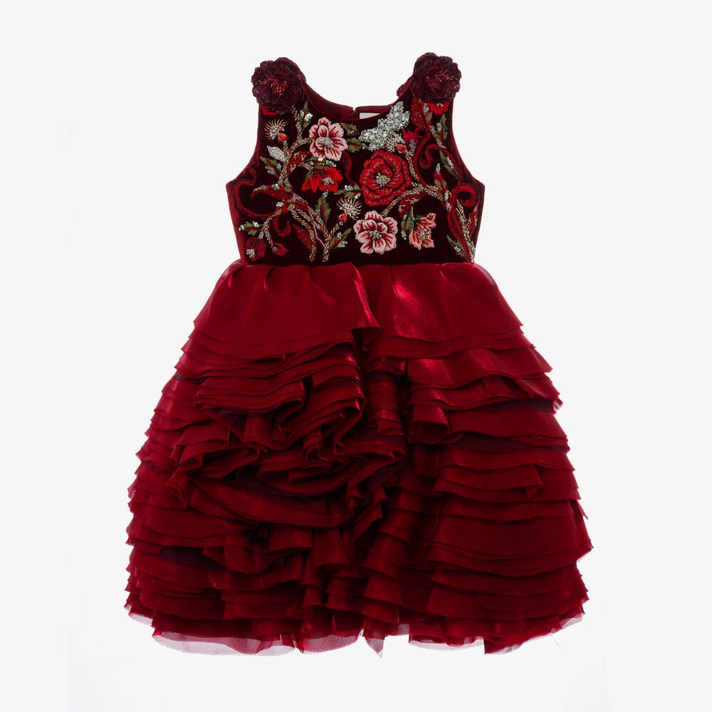 Maison Ava - Girls Red Embroidered Velvet & Organza Dress | Childrensalon
