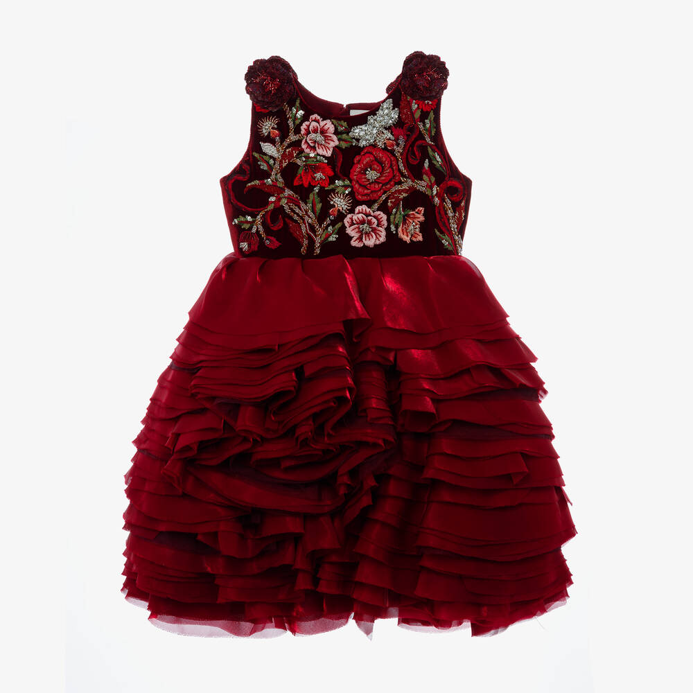 Maison Ava-Girls Red Embroidered Velvet & Organza Dress | Childrensalon Outlet