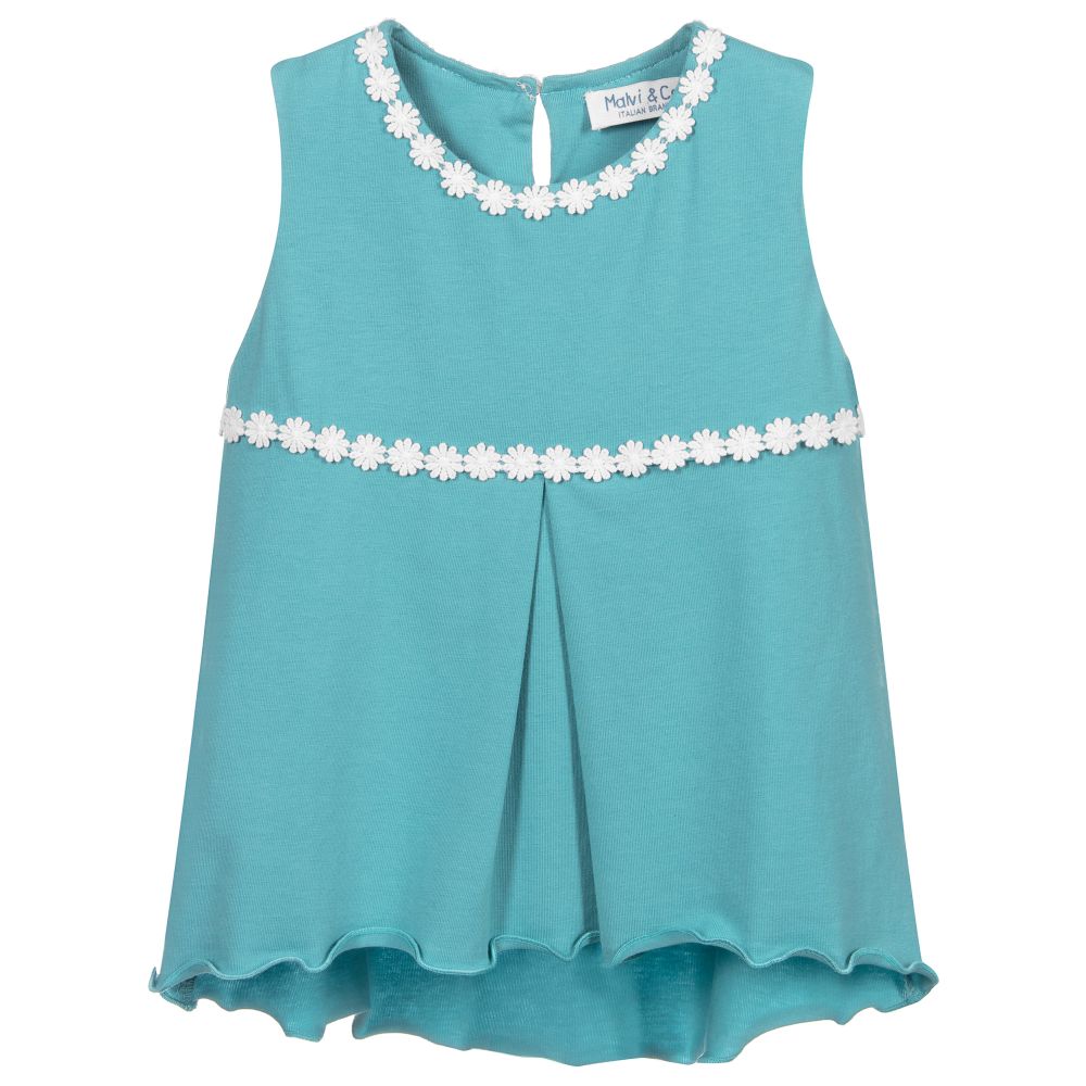 Malvi & Co - Girls Blue Cotton Jersey Top | Childrensalon