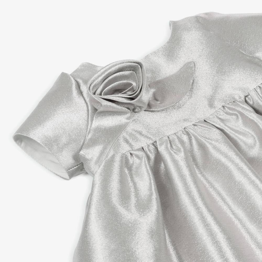 Mama Luma-Baby Girls Metallic Silver Satin Dress with Rose Appliqué | Childrensalon Outlet