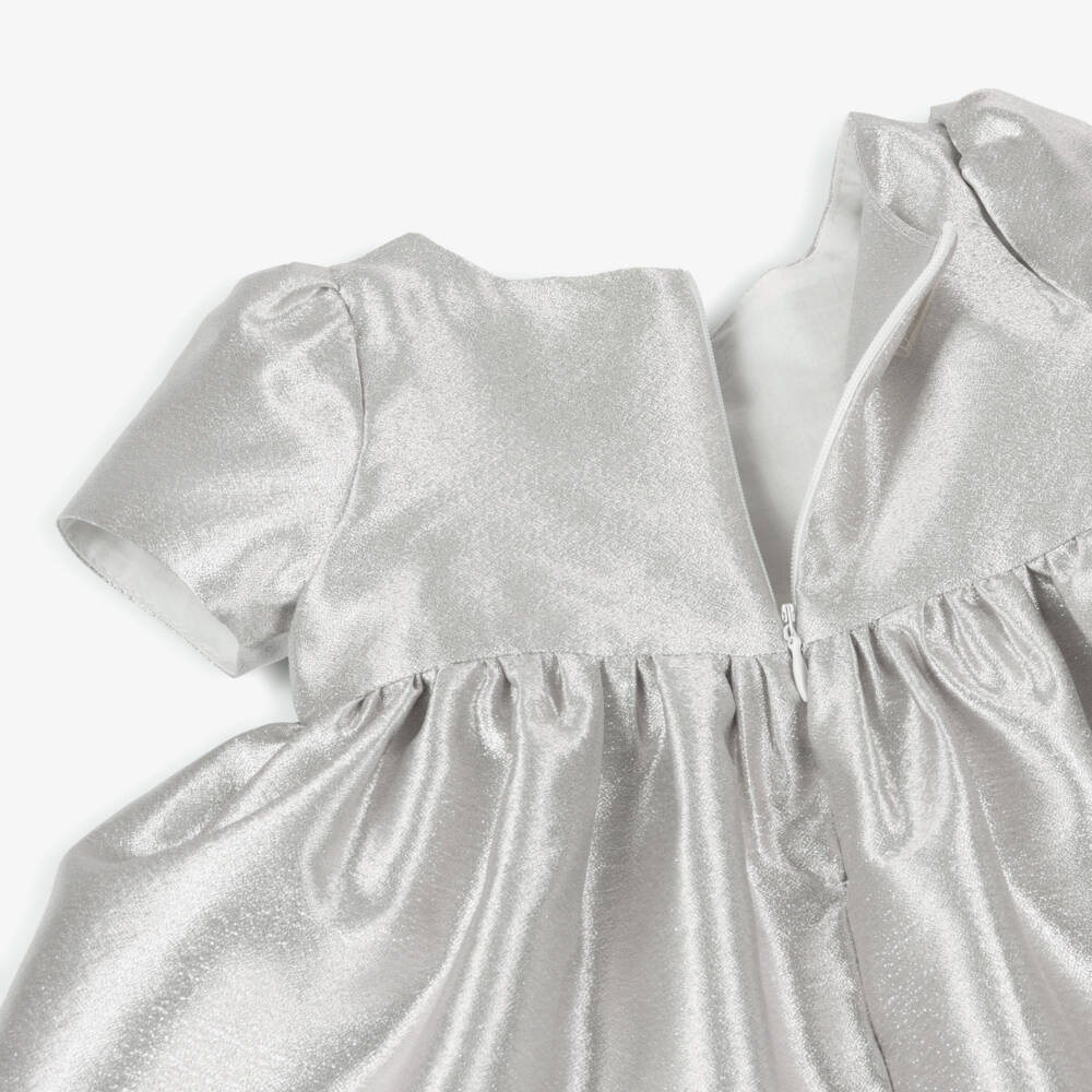 Mama Luma-Baby Girls Metallic Silver Satin Dress with Rose Appliqué | Childrensalon Outlet