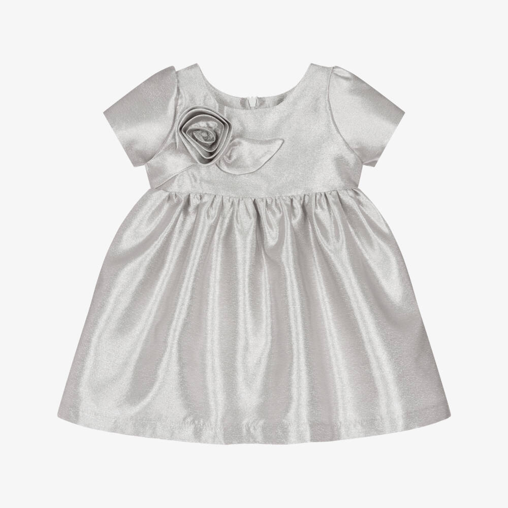 Mama Luma-Baby Girls Metallic Silver Satin Dress with Rose Appliqué | Childrensalon Outlet