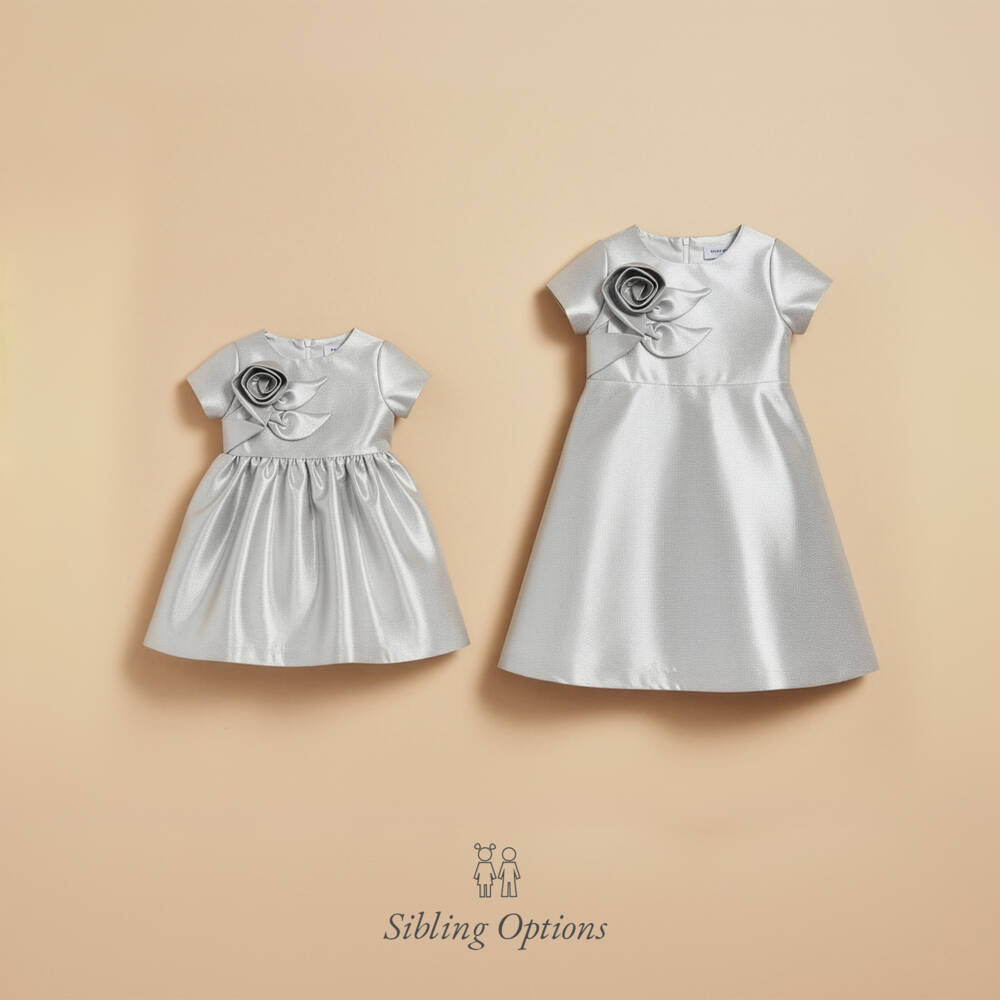 Mama Luma-Baby Girls Metallic Silver Satin Dress with Rose Appliqué | Childrensalon Outlet